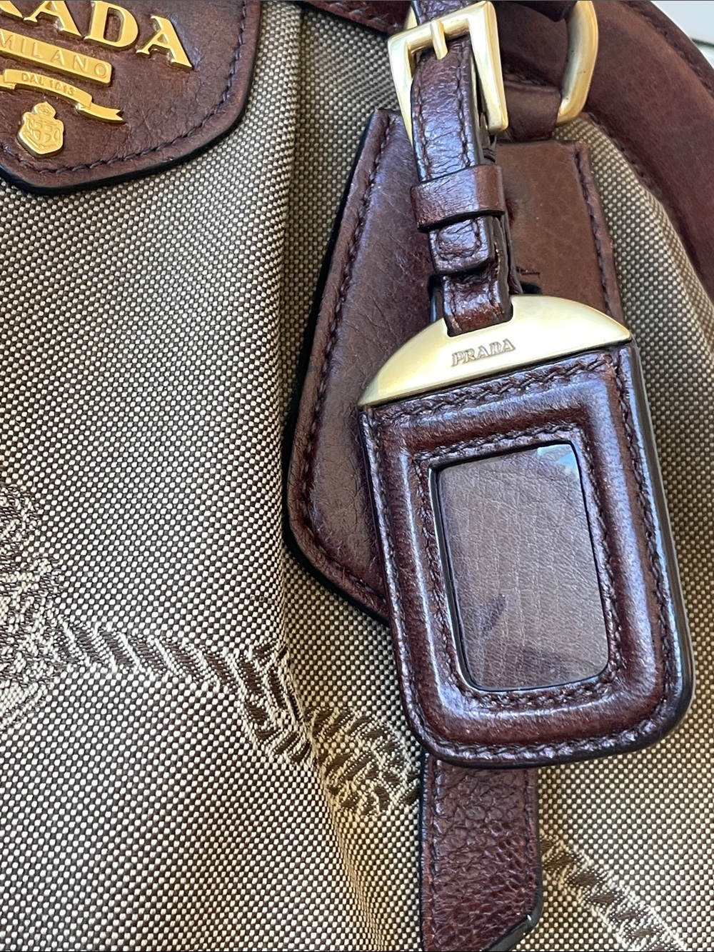 Prada Large Canapa Canvas Tote Brown Vitello Leather Trim Gold Hardware Italy - Picture 3 of 16